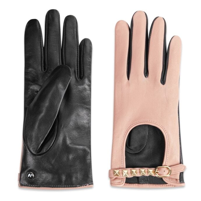pink women's gloves with gold studs