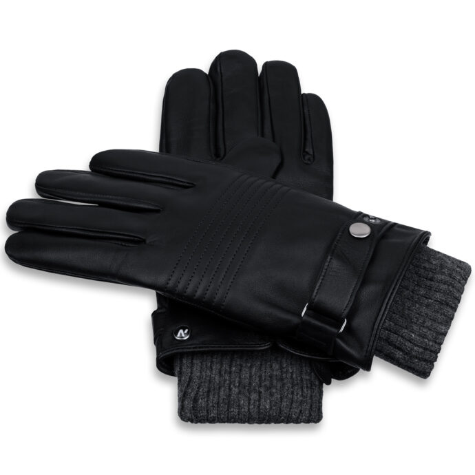 black men's leather gloves with buckle
