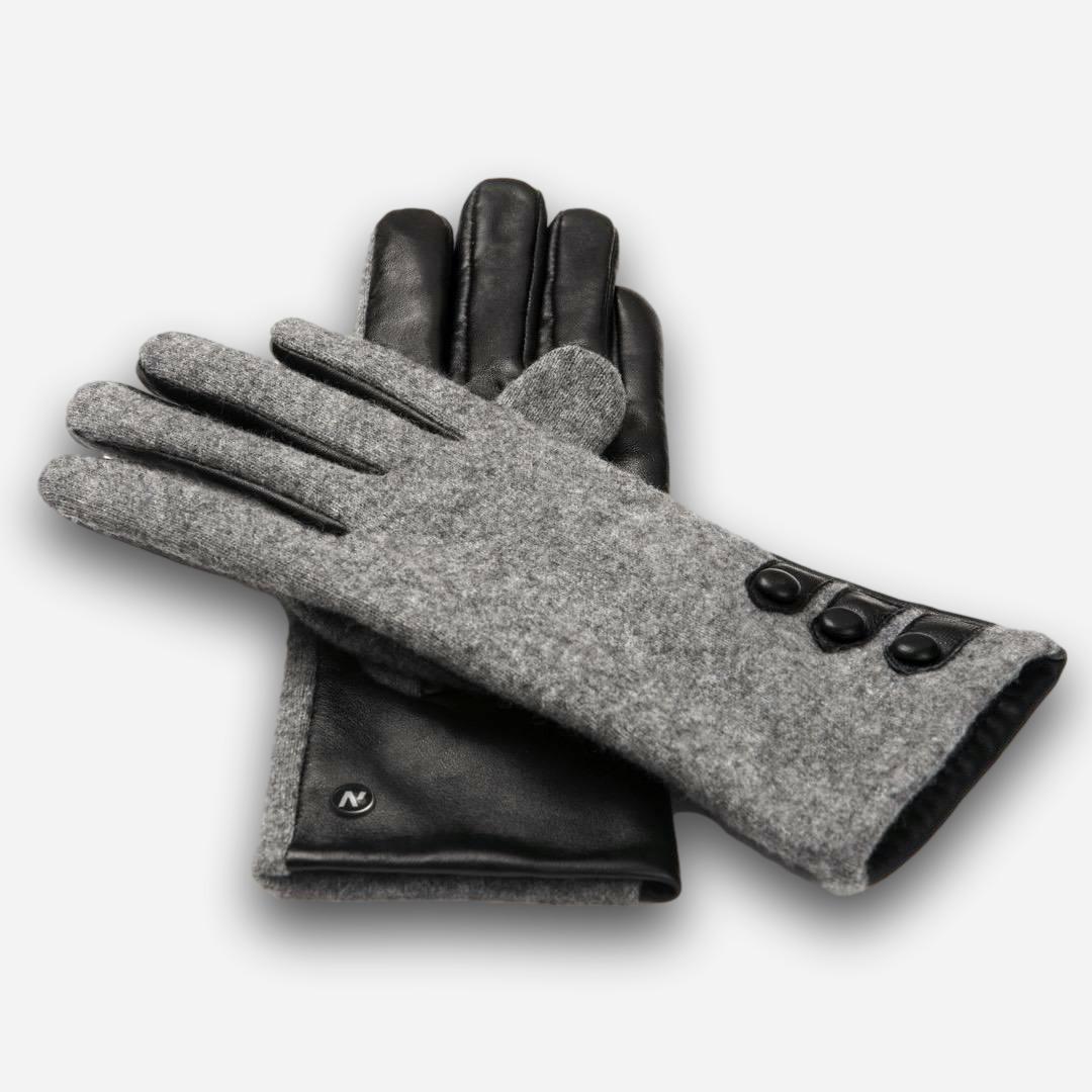 gray women's gloves with buttons