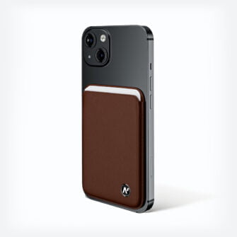 Brown card case with MagSafe functionality.