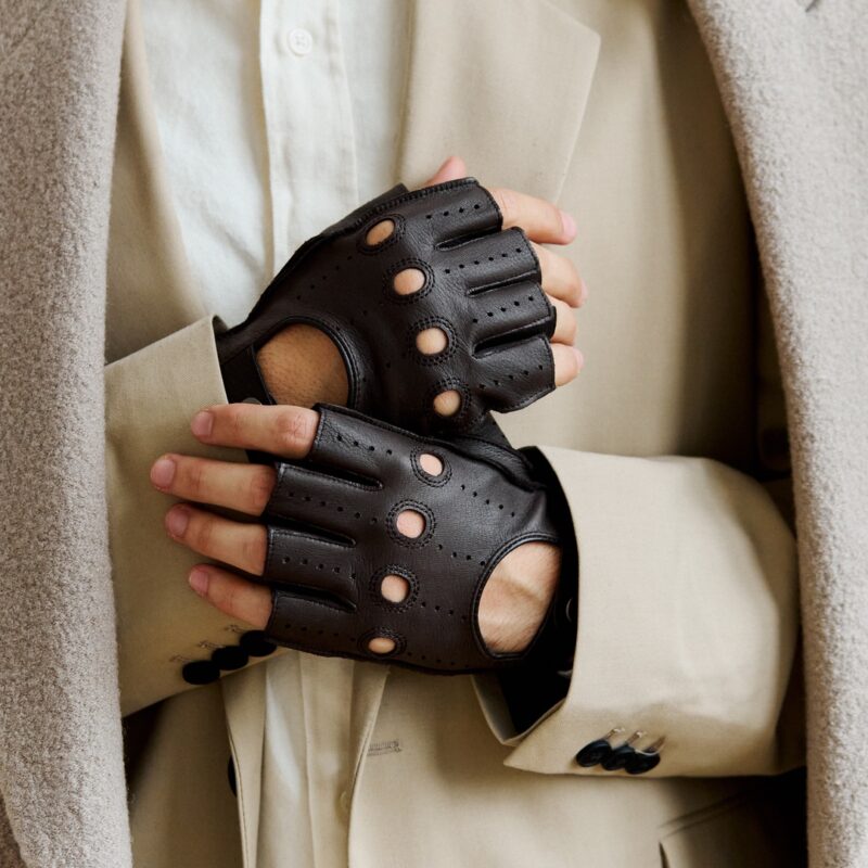 brown men's fingerless gloves